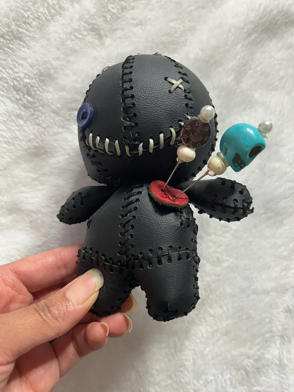 Black Stitched Voodoo Doll Keychain with Turquoise Skull Charm